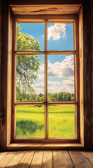 A wooden window frame showcasing a vibrant green landscape under a blue sky with clouds.