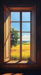 A serene view through an open window showcasing a sunny landscape with fields and trees.