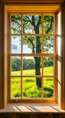 A scenic view of a tree and green field framed by a wooden window.