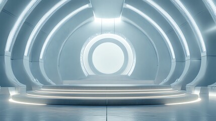 Obraz premium Futuristic and sleek interior design with circular elements and soft lighting, ideal for modern concepts.
