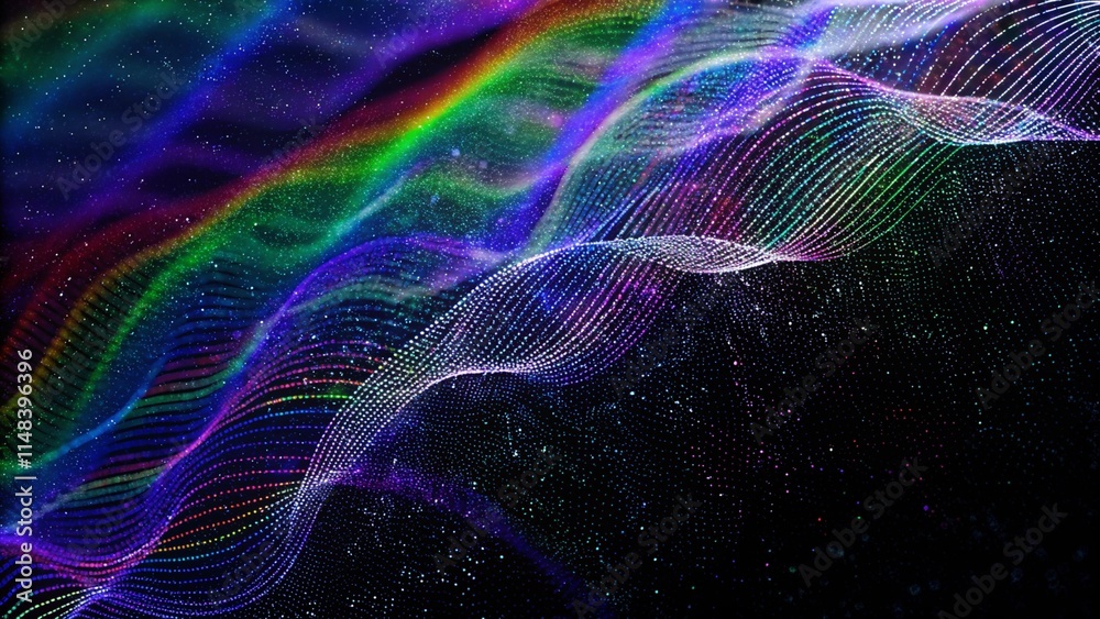 Poster abstract rainbow color digital particles wave and dust background. abstract colorful dots particles 