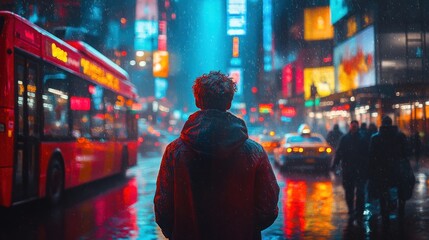 Obraz premium Man standing in rain at night in a city.