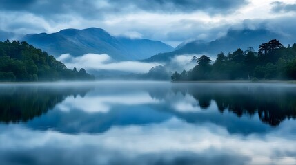 Front view of the Scottish Highlands with mist-covered mountains and serene lochs