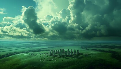 Aerial shot of Stonehenge surrounded by lush green fields under dramatic clouds