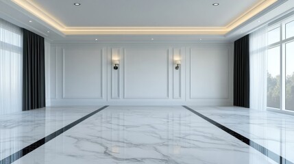 Obraz premium Modern empty room with marble floor and wall paneling.