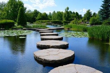 A water garden with floating lotus flowers and stone bridges connecting small islands