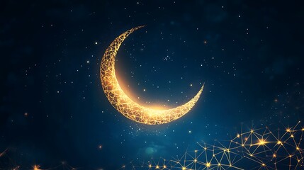Naklejka premium Golden Crescent Moon in a Starry Night Sky