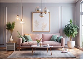Surreal Scandinavian Living Room: Pink Sofa, Empty Frame, Modern Art