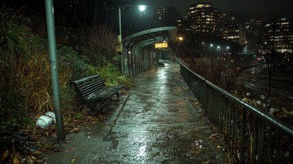 Deserted rain-slicked walkway at night, under a covered shelter near city buildings.