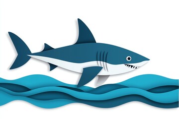 Fototapeta premium A stylized shark swims above wavy blue waters, showcasing a playful design and vibrant colors, emphasizing marine life.