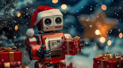 Futuristic robot dressed as Santa Claus holding a red gift box with a golden ribbon. The scene features a festive Christmas ambiance with glowing lights and falling snow, combining holiday traditions 