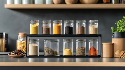 Organized Spice Rack with Colorful Spices and Herbs