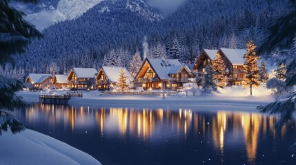 Fototapeta premium Cozy alpine village with snow-covered wooden chalets illuminated by warm lights, reflecting on a tranquil lake. Surrounded by snowy pine trees and mountain peaks, the scene captures the charm of a win