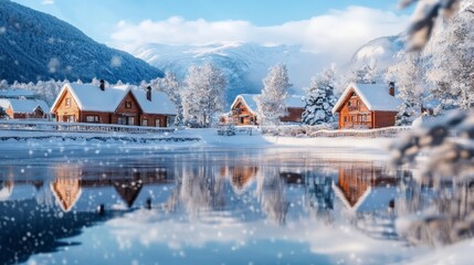 Obraz premium Charming alpine village surrounded by snow-covered trees, with glowing lights and wooden chalets reflected in a still lake. Falling snow adds to the magical and serene winter atmosphere.