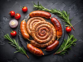 Surreal Spiral Snail Sausage & Pork Sausages: Dark Food Photography, Black Slate, Rosemary