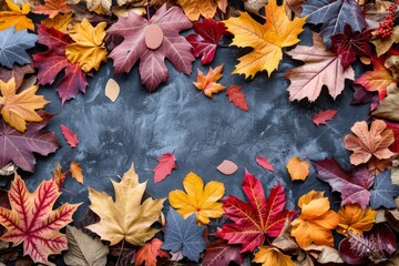 Colorful autumn leaves arranged in an artistic layout on a dark textured surface