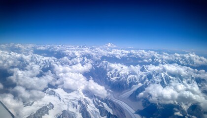 Aerial shot of Concordia in the Karakoram Range, with dramatic views of K2 and other towering peaks