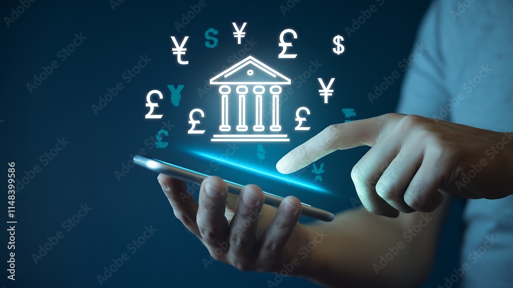 Aufkleber businessman uses smartphone for global digital currency banking, analyzing virtual business data and