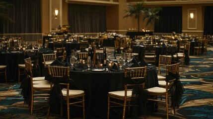 Elegant black and gold themed banquet hall setup for a formal event with round tables, chiavari chairs, and dimmed lighting.