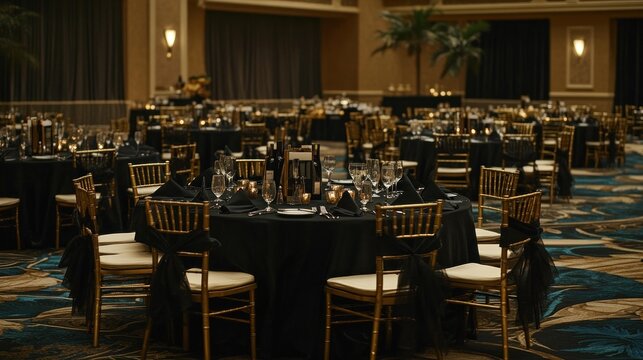 Elegant black and gold themed banquet hall setup for a formal event with round tables, chiavari chairs, and dimmed lighting.
