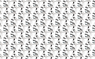 Fototapeta premium A seamless repeating pattern of microscopes with a white background, emphasizing medical, scientific, and laboratory equipment. Clean, minimalistic, and professional design.