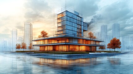 Fototapeta premium Modern home render combines architectural elegance with a refined blueprint overlay picture