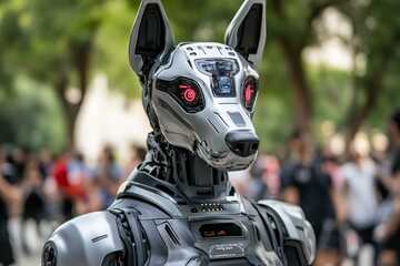 A robotic dog patrolling a futuristic park, equipped with AI to interact with humans and monitor the environment