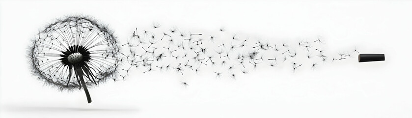 Dandelion Seeds Dispersing, Abstract Black and White Illustration of Nature's Ephemeral Beauty, Seeds Floating Away on the Wind, creating a Breathtaking Visual Metaphor.