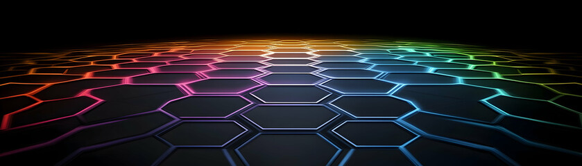 Obraz premium Rainbow Hexagon Pattern, Abstract Geometric Design with Vibrant, Glowing Edges creates a dynamic, futuristic landscape.