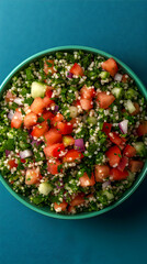 Vibrant Tabbouleh Salad in a Teal Bowl, A Fresh, Parsley-Based Mediterranean Dish with Bulgur, Tomatoes, Cucumbers, and Red Onion, Served in a Stylish Bowl.