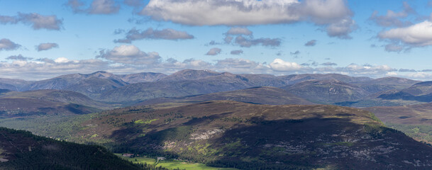 Panoramic view from Morrone/ Morven mountain of the Cairngorms, Braemar, Cairngorm National Park, Royal Deeside, Scottish Highlands, Scotland