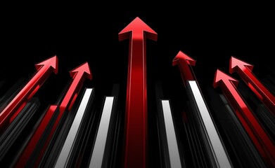 3D arrow graph going up , isolated on a black background. Below are white bar chart bars, and above are red upward arrows. This image has high resolution, detailed textures, and a realistic style.