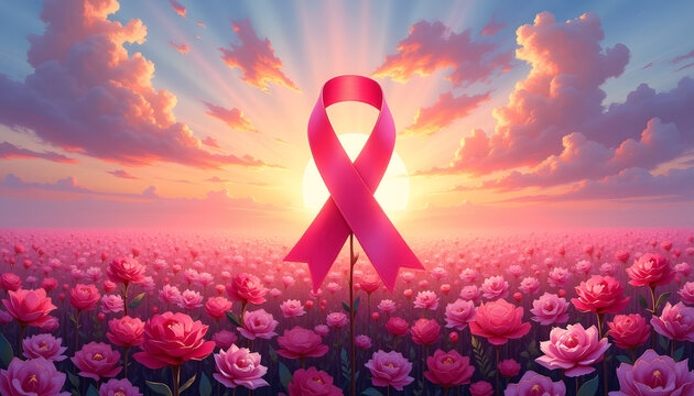 Cancer control, Vibrant pink ribbon in a field of roses at sunrise symbolizing cancer control and awareness - Powered by Adobe