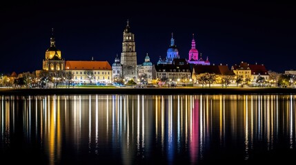 Obraz premium Night cityscape with illuminated buildings reflected in calm water.