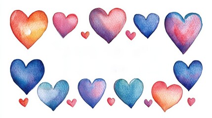 Fototapeta premium Watercolor hearts border; colorful, romantic frame