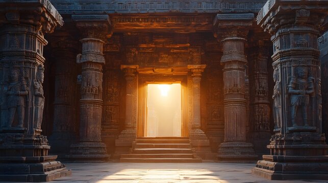 Front view of the Sun Temple in Konark, surrounded by intricate carvings glowing softly under the warm sunlight, in 4K resolution