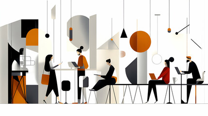 Abstract Geometric Office Illustration,  Team Collaboration in a Modern Workspace with Stylish Minimalist Design Elements