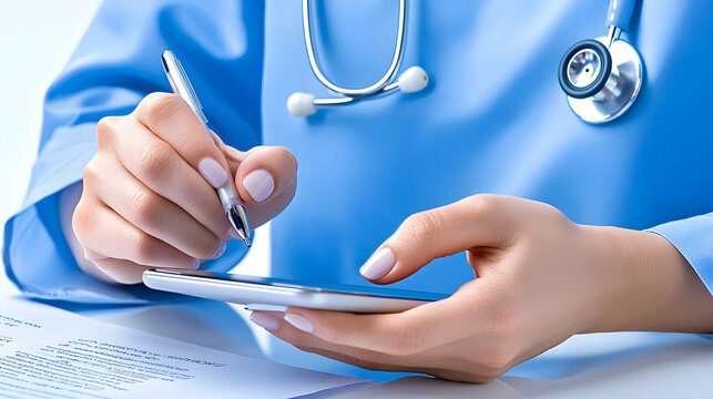Medical Professional Using Smartphone and Pen,  Healthcare Data Entry and Mobile Technology in Modern Medicine.