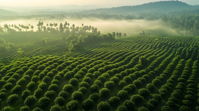 Aerial shot of the scenic Coorg coffee plantations, with mist rising over lush green hills, in 4K resolution
