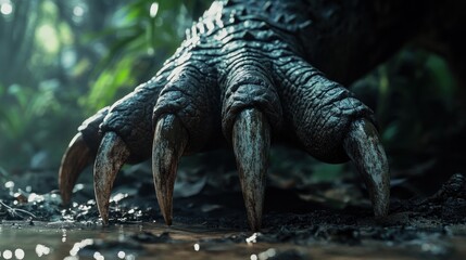 Close-up of a massive reptilian claw in a jungle setting.