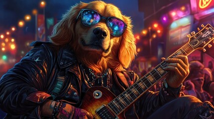 Obraz premium Cool golden retriever dog playing electric guitar in city at night.
