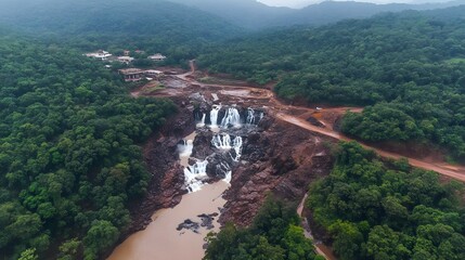 Aerial shot of the scenic Dudhsagar Waterfalls, with water cascading dramatically through dense forests, in 4K resolution
