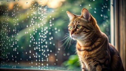 Tabby Cat Watching Rain, Window Cat, Rainy Day Pet, Cozy Cat Scene, Autumn Rain, Feline Photography