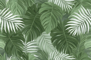 Lush Tropical Leaves Seamless Pattern, Green & White Palm and Monstera Foliage Illustration for Background Design