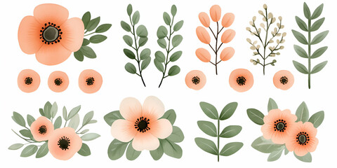 Peach & Green Watercolor Floral Elements, Botanical Illustrations for Design Projects