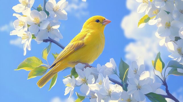 A yellow finch perched on the white flowers