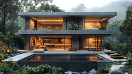 Modern villa features an infinity pool with stunning views of serene landscape wallpaper image