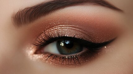 Fototapeta premium Close-up of a woman's eye with bronze and gold eyeshadow, eyeliner, and full lashes.