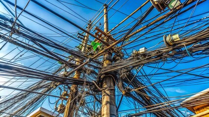 Fototapeta premium Tangled Power Lines, Electrical Pole Chaos, Panoramic Blue Sky, Messy Cables, Overhead Wires, Electrical Infrastructure