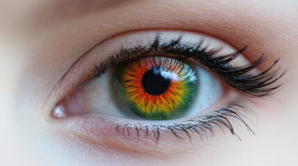 Close-up of a vibrant, multicolored eye with detailed iris and lashes.